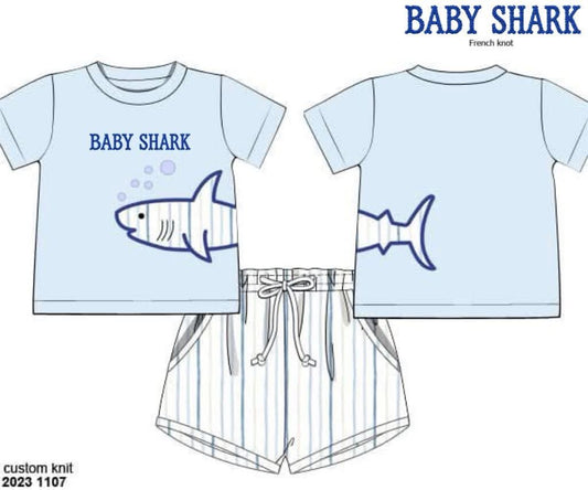 Pre Order 152: Baby Shark- Boys Knit Appliqué Shortie Set