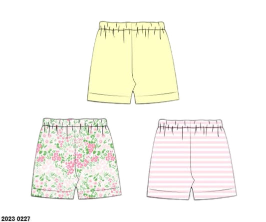 Pre Order 136: 3pc Bottom Packs- Girls Pale Yellow, Floral, and Pink Stripe Biker Shorts