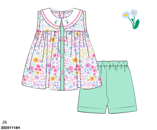 Pre Order 137: Anderson Floral & Stripes- Girls Biker Short Set