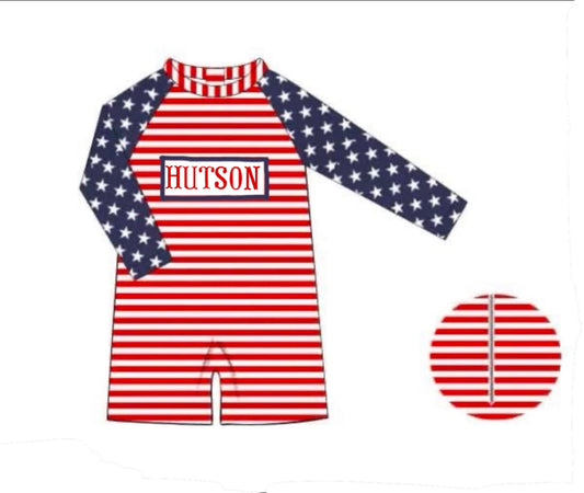 RTS: Star Spangled Swim- Boys 1pc Name Smock Rash Guard “HUTSON”