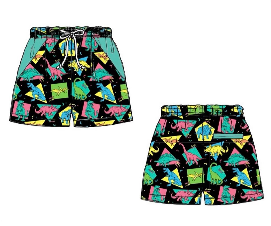 Pre Order 148: Retro Dinosaurs- Dad/Mini Woven Traditional Swim Shorts