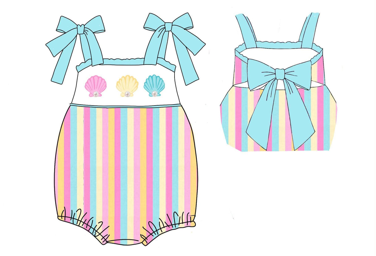 Pre Order 150: Shells & Stripes- Girls Smocked Woven Bubble