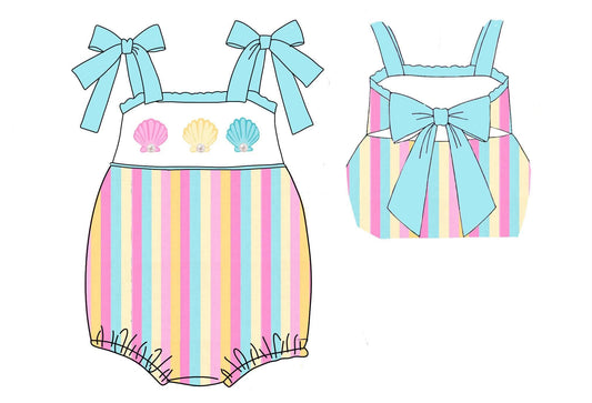 Pre Order 150: Shells & Stripes- Girls Smocked Woven Bubble