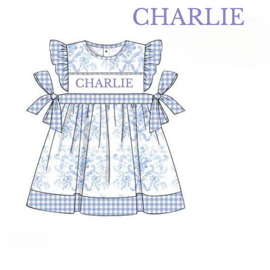 RTS: Defect- Girls Periwinkle & Toile Name Smock Dress "CHARLIE"