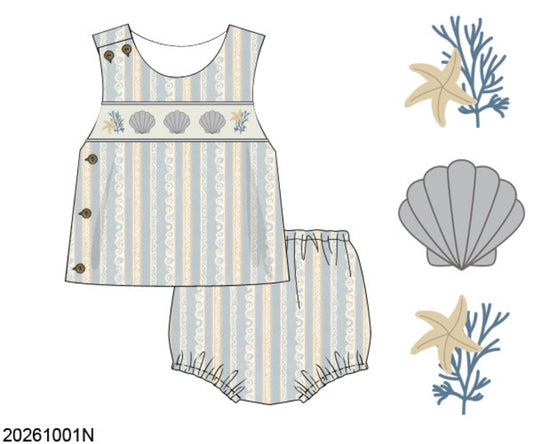 Pre Order 151: McKinney's Shells- Boys Smocked Woven Diaper Set