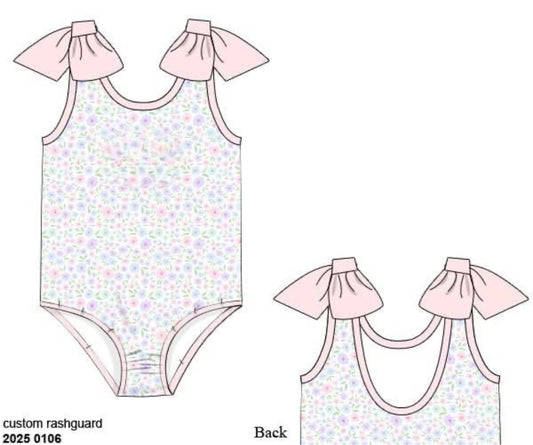 RTS: Blakely Floral & Collin Stripes- Girls Floral 1pc Bows Rash Guard Swim