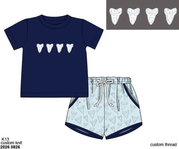 Pre Order 152: Boys Only- French Knot Shark Teeth Shortie Set