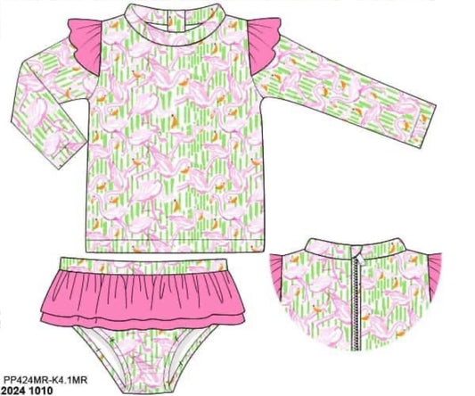 RTS: Flamingo Tropics- Girls 2pc Long Sleeve Rash Guard Swim
