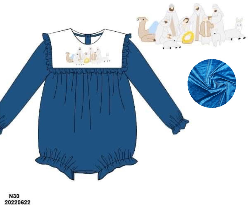 RTS: Blue Velvet Nativity- Girls Embroidered Bubble