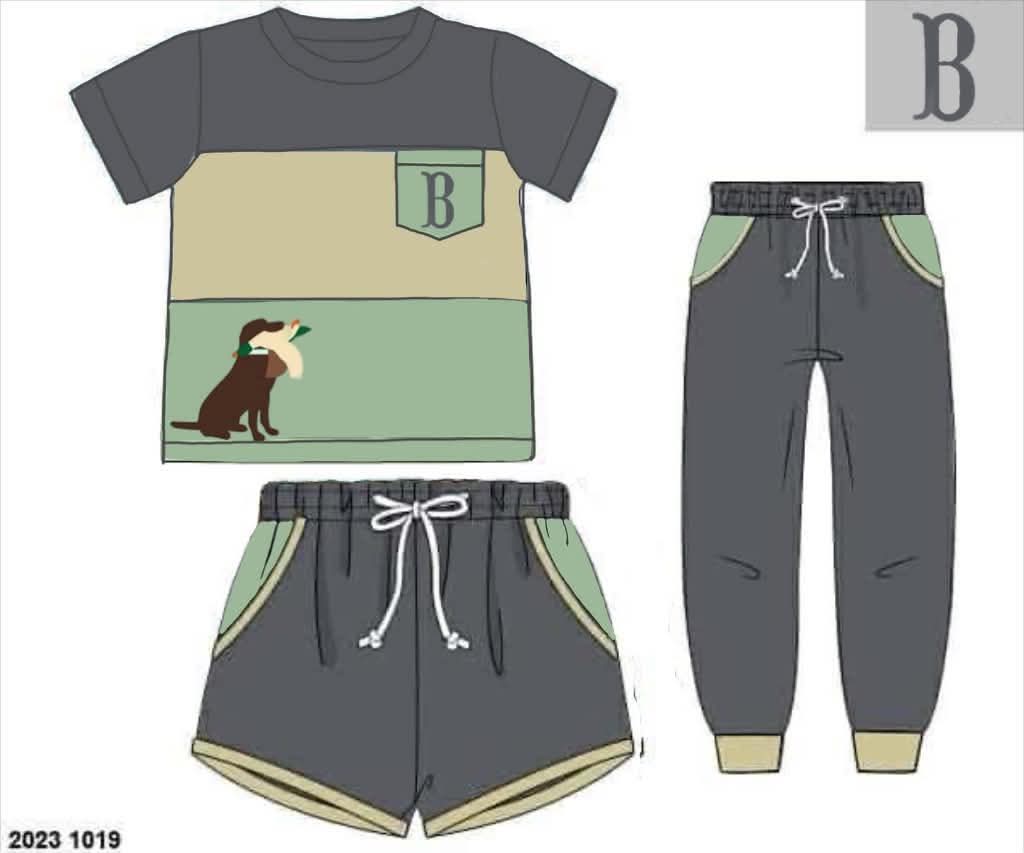 Pre Order 147: Appliqué 3pc Sets- Boys Hunting Dog Set
