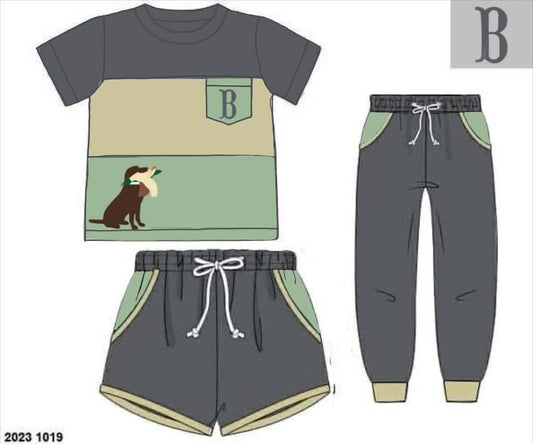 Pre Order 147: Appliqué 3pc Sets- Boys Hunting Dog Set