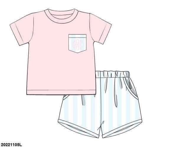 Pre Order 138: Pastel Stripe- Boys Pocket Knit Shortie Set