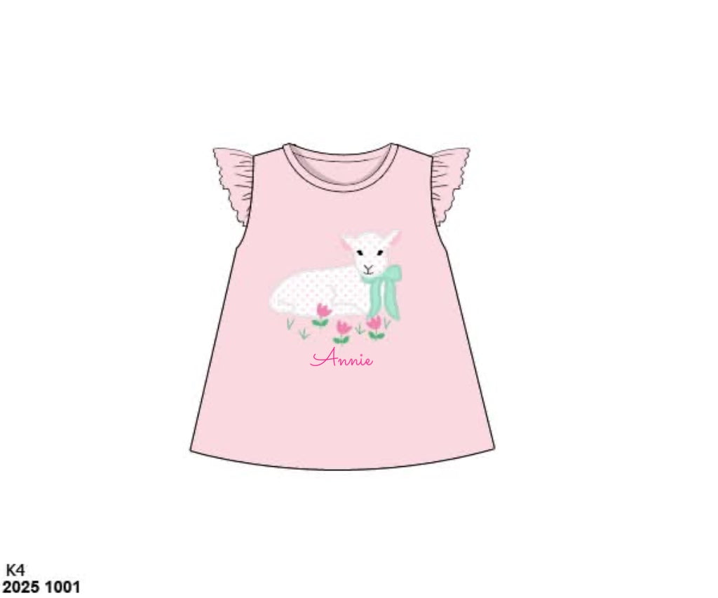 Pre Order 148: Easter Shirt Only- Girls Lamb & Tulips Appliqué Knit Shirt