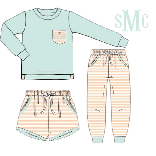 Pre Order 147: Simple 3pc Sets- Boys Icy Mint & Cloud Pink Stripe Set