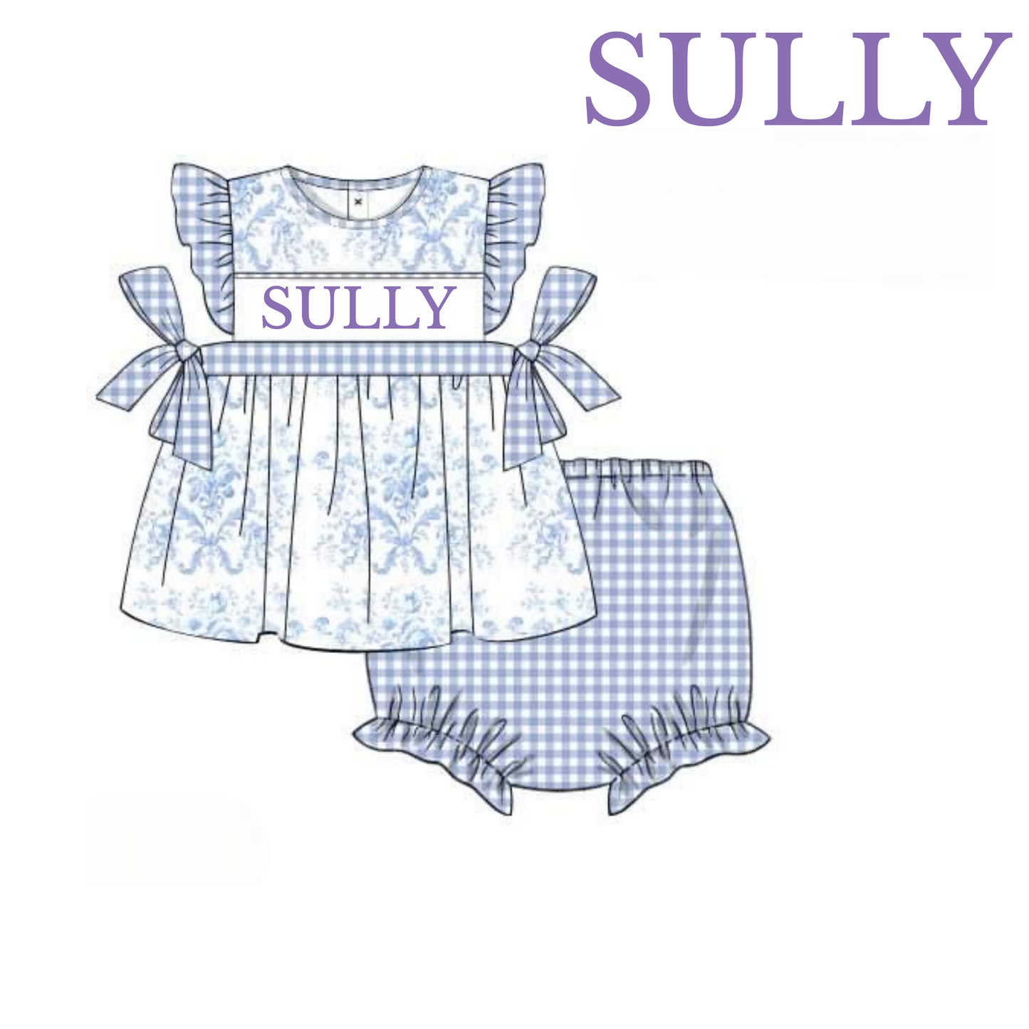 RTS: Defect- Girls Periwinkle Gingham & Toile Knit Diaper Set “Sully”
