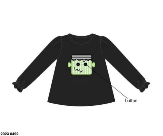 RTS: Halloween Shirt Only- Girls Seersucker Frankenstein