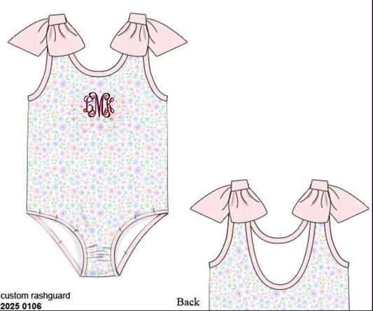 RTS: Blakely Floral & Collin Stripes- Girl 1pc Bow Swim "LMK"