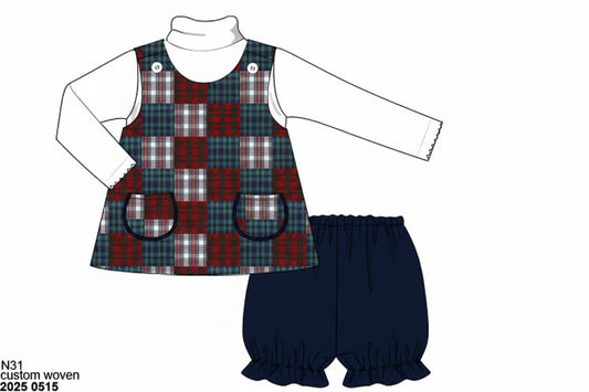 RTS: Christmas Madras- Girls 3pc Bubble Short Set