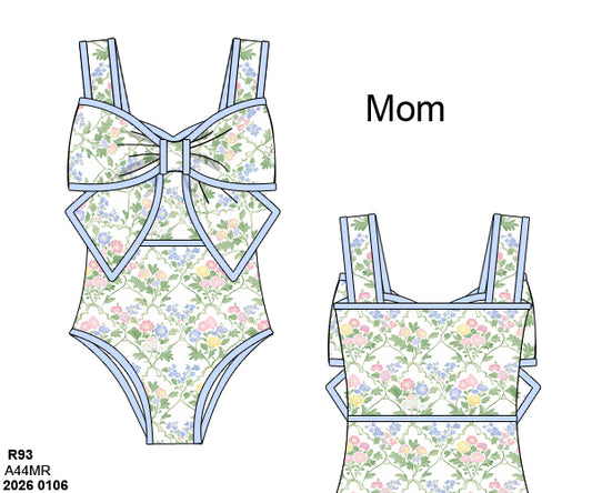 Pre Order 138: Mary Keene Floral & Stripe- Mom/Mini 1pc Bow Rash Guard Swim