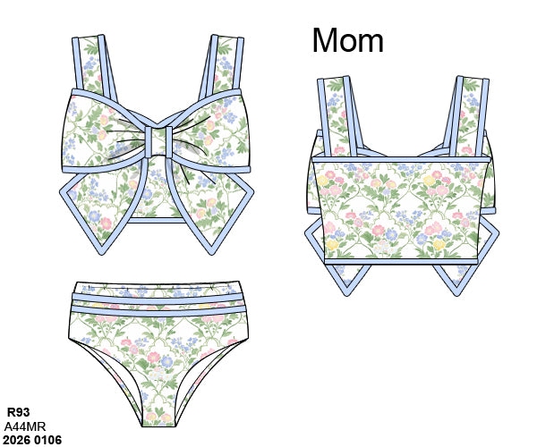 Pre Order 138: Mary Keene Floral & Stripe- Mom/Mini 2pc Bow Rash Guard Swim