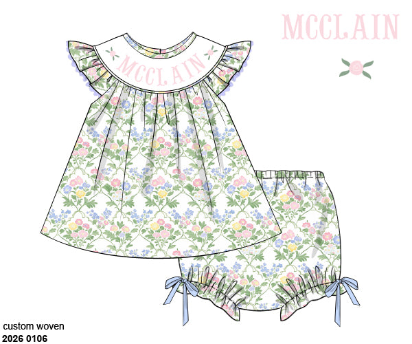 Pre Order 138: Mary-Keene Floral & Stripe- Girls Name Smock Bloomer Set