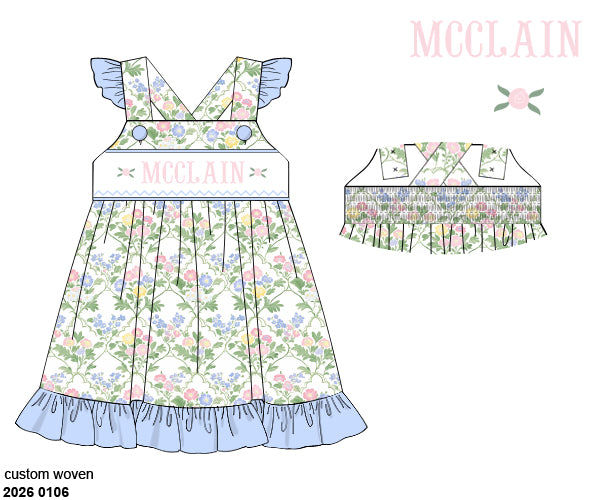 Pre Order 138: Mary-Keene Floral & Stripe- Girls Name Smock Dress