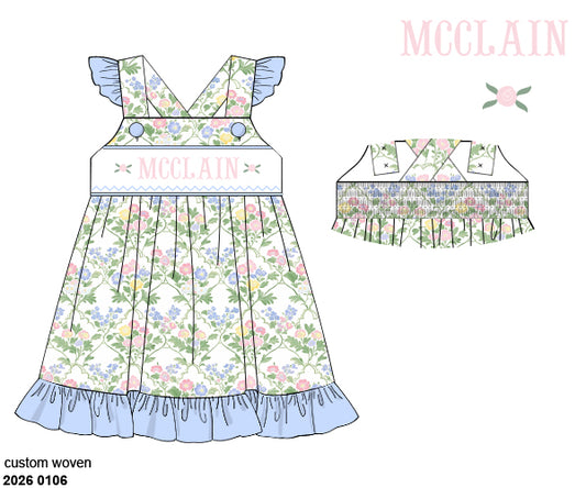 Pre Order 138: Mary-Keene Floral & Stripe- Girls Name Smock Dress
