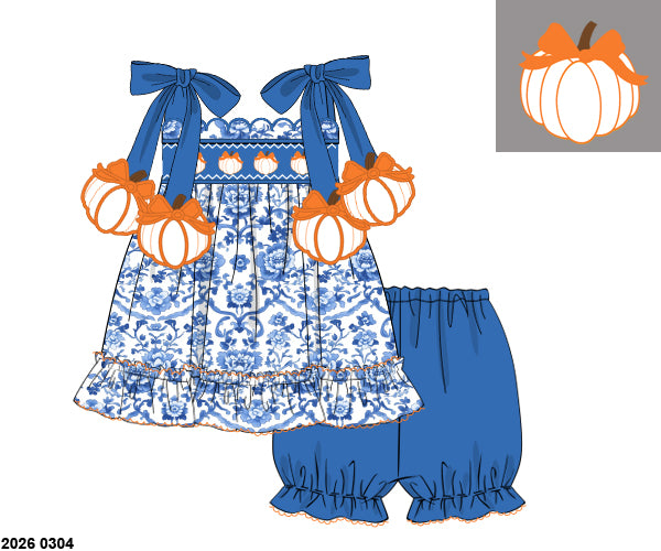 RTS: Chinoiserie Pumpkins- Girls Woven Bubble Short Set