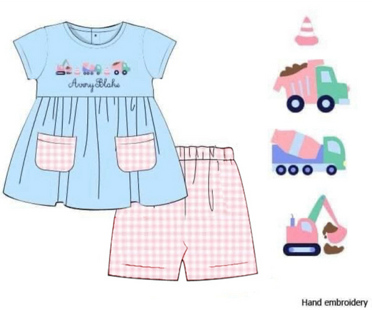 Pre Order 139: French Knot Construction- Girls Knit Biker Short Set