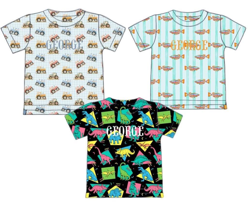 Special Pricing 2.0: 3pc Knit Pack- Boys Gingham Tractor, Colorful Fish, Retro Dino Shirts