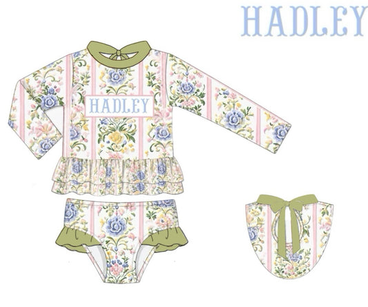 Pre Order 150: Ellis Floral & Stripes- Girls 2pc Name Smock Long Sleeve Rashguard Swim