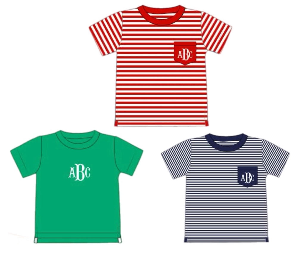 Pre Order 136: 3pc Shirt Pack- Boys Navy Mini Stripe, Red Stripe, and Green