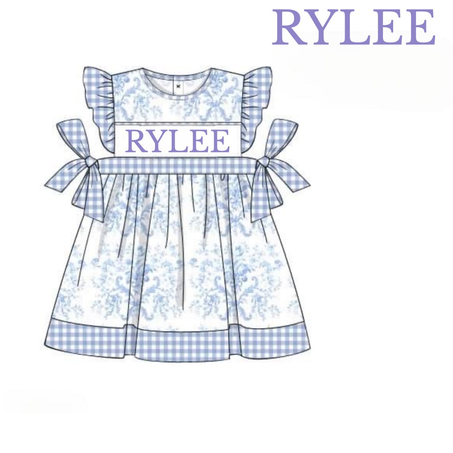 RTS: Defect- Girls Periwinkle & Toile Name Smock Dress "RYLEE"