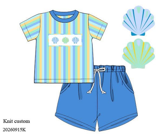 Pre Order 150: Shells & Stripes- Boys Smocked Knit Shortie Set