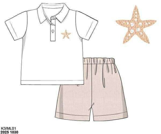 Pre Order 136: Sandy Starfish- Boys French Knot Polo Set