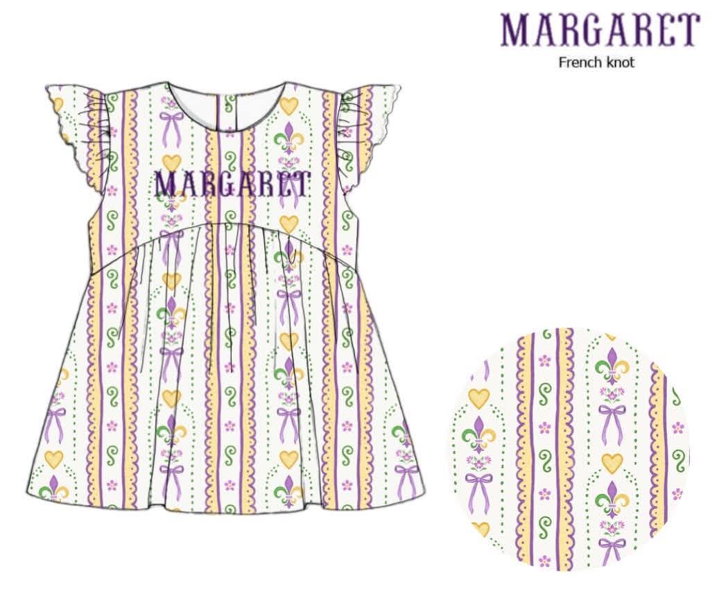 Pre Order 146: Mardi Party- Girls Preppy Fleur-de-lis Knit Flutter Shirt