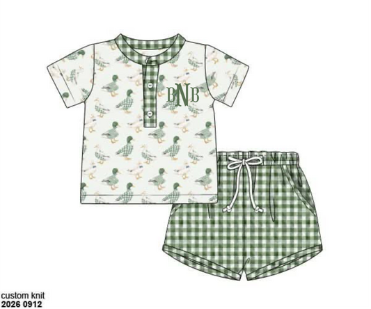 Pre Order 150: Gingham Mallards- Boys Knit Shortie Set