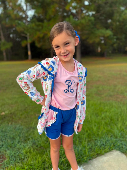 RTS: 3pc Knit Jacket Sets- Girls Colorful Chickens (No Monogram)