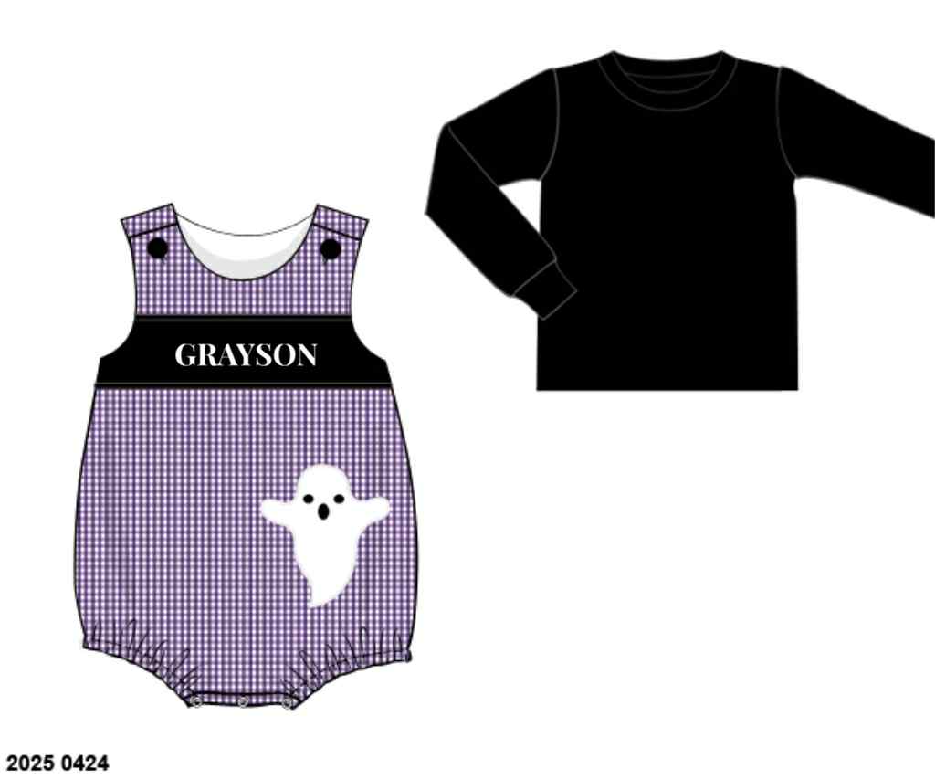 RTS: Halloween Name Smocks- Appliqué Ghost Boys 2pc Woven Bubble "GRAYSON"
