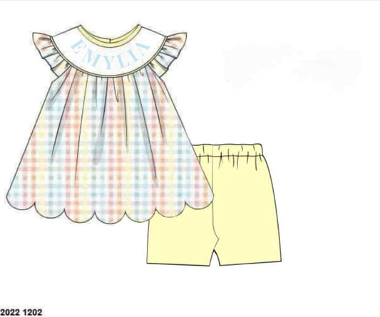 RTS: Spring Plaid Name Smocks- Girl knit Biker Short Set "EMYLIA"