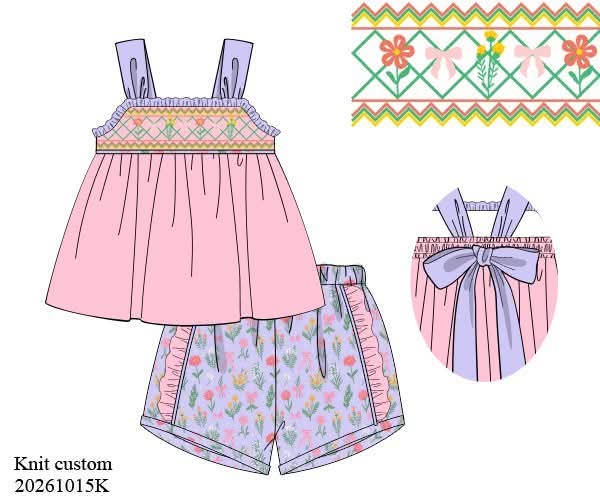 Pre Order 152: Girls Only- Blossom Bow Geo Smocked Shortie Set