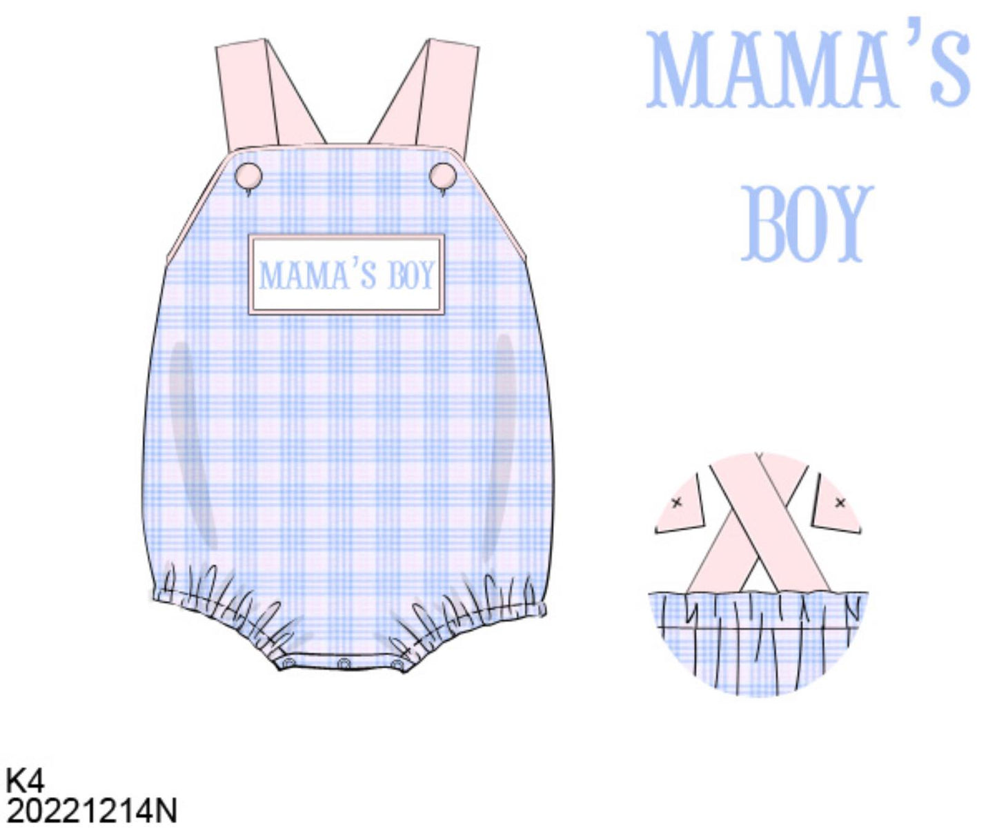 RTS: Mother's Day Name Smocks- "MAMA'S BOY" Pink & Blue Plaid Seersucker Bubble