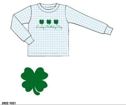 RTS: Boys French Knot Clovers Shirt "Lucky Birthday Boy"