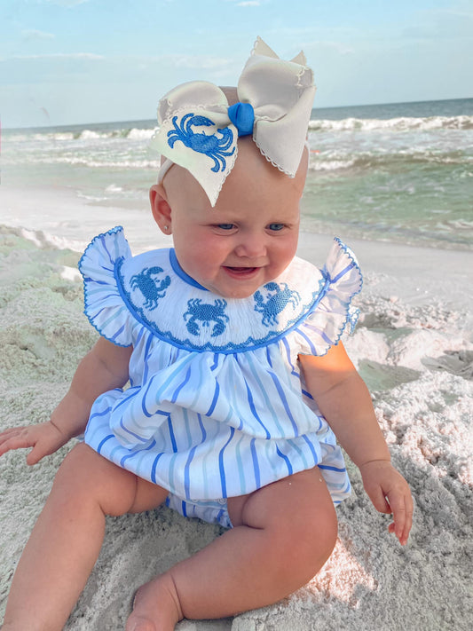 RTS: Blue Crabs & Fish- Girls Smocked Woven Bubble