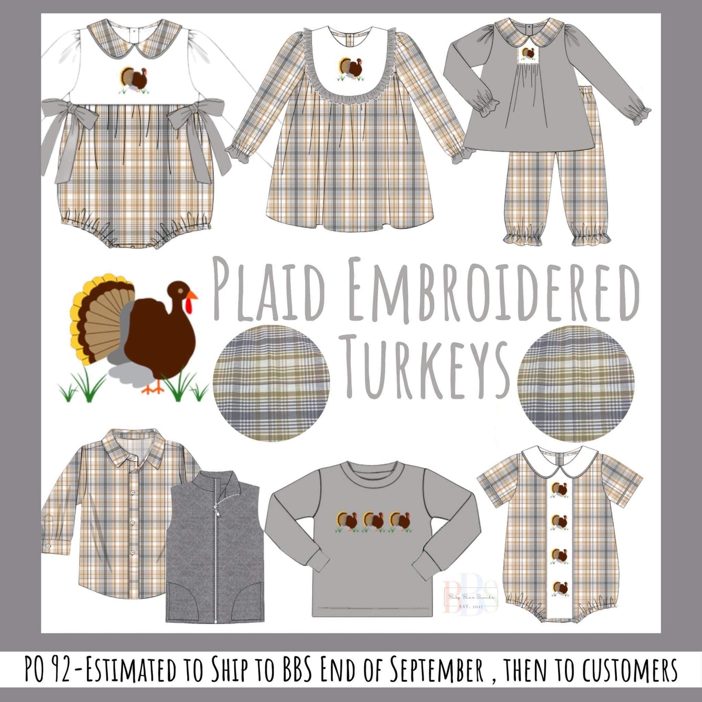 RTS: Plaid Embroidered Turkeys- Boys Woven Bubble