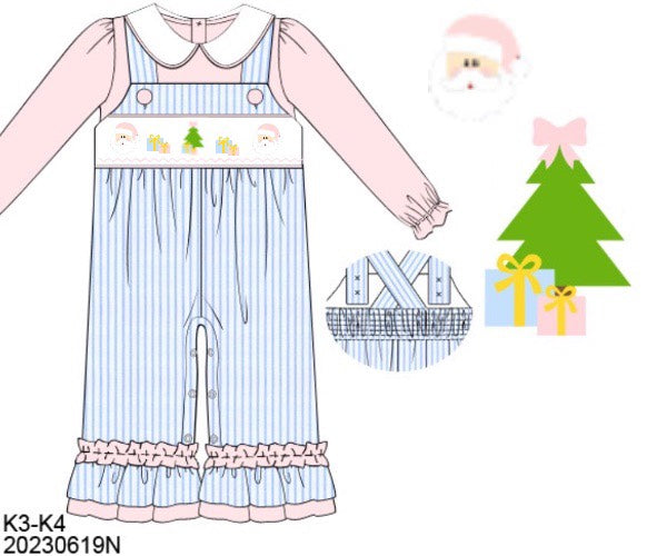 RTS: Pink & Blue Smocked Santa- Girls 2pc Woven Romper