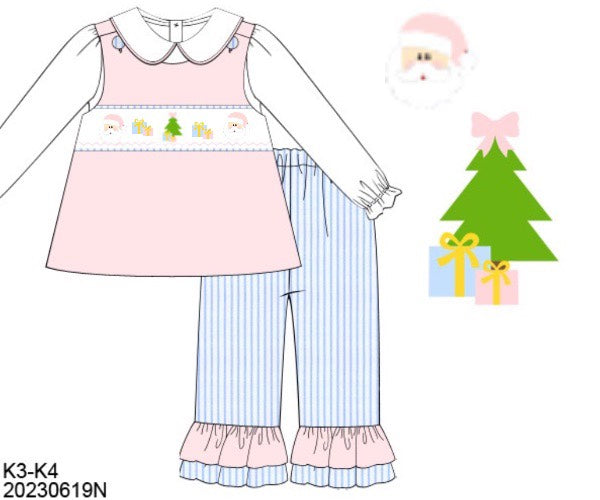 RTS: Pink & Blue Smocked Santa- Girls Woven Pant Set