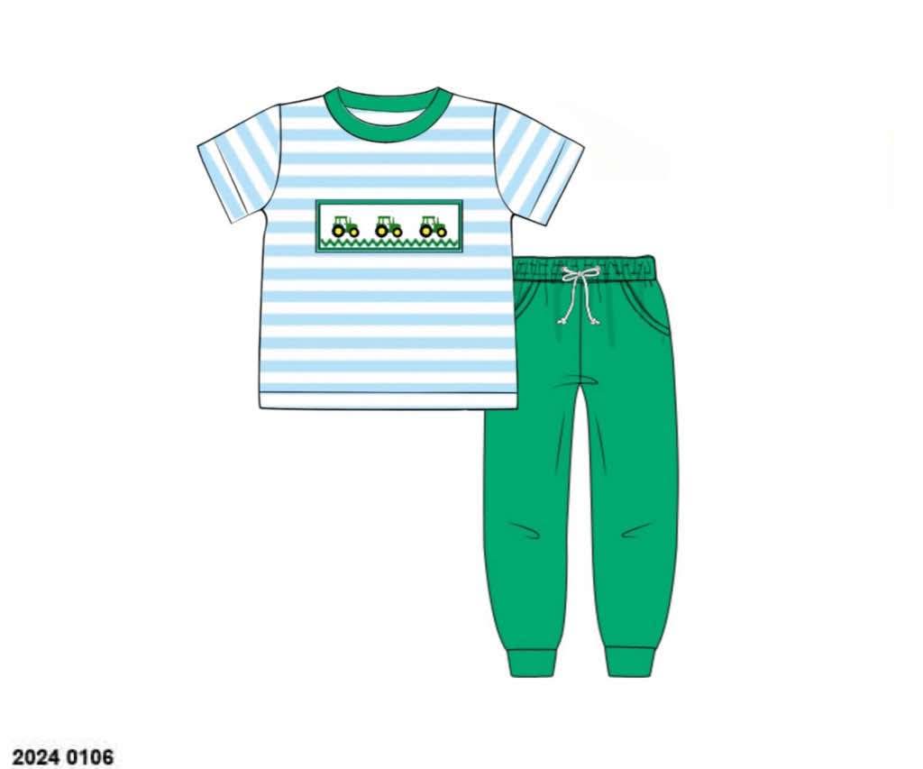 Pre Order 149: Boys Only- Smocked Tractor Jogger Set