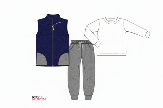 RTS: Fleece Sets- Boys Navy & Gray 3pc Vest Jogger Set