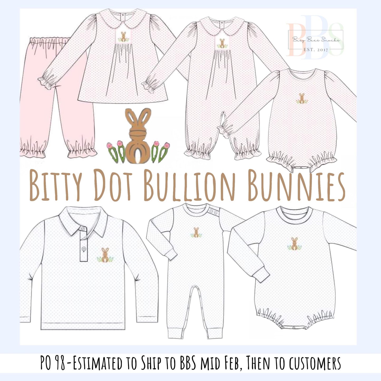 RTS: Bitty Dot Bullion Bunnies- Girls Knit Romper